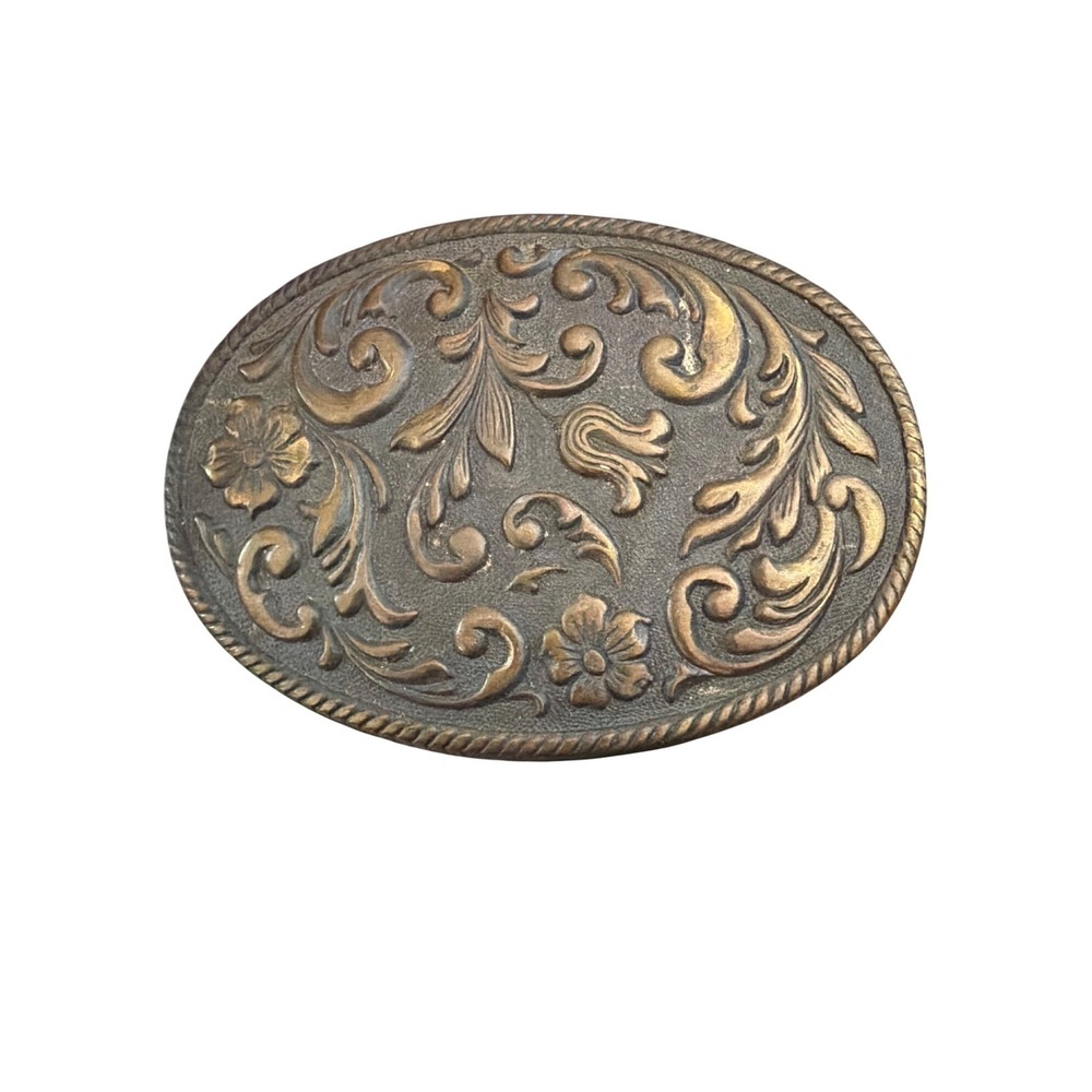 VTG Floral Brass Belt Buckle Makers Mark‎ USA Western Boho Art Nouveau Style
